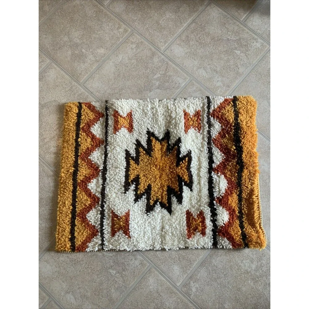 Vintage Southwest Aztec Hook Rug DIY Hand Crafted 24x19 Retro 1970s